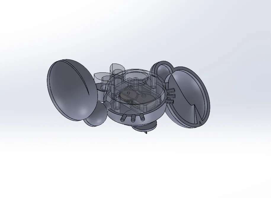 Transparent CAD assembly of the wind-up crab toy.