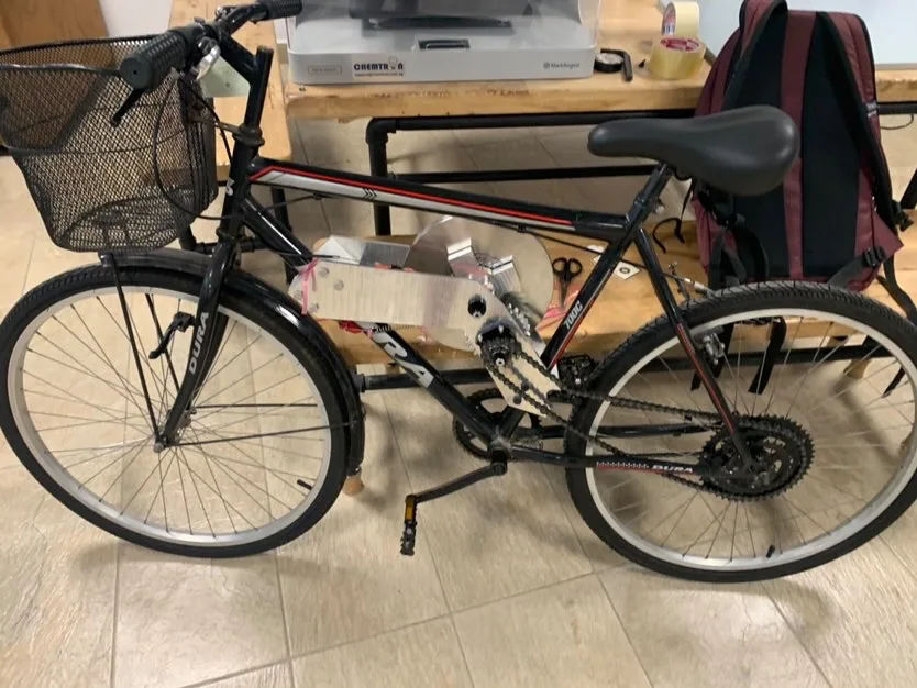 Bicycle fitted with the flywheel energy-storage prototype.