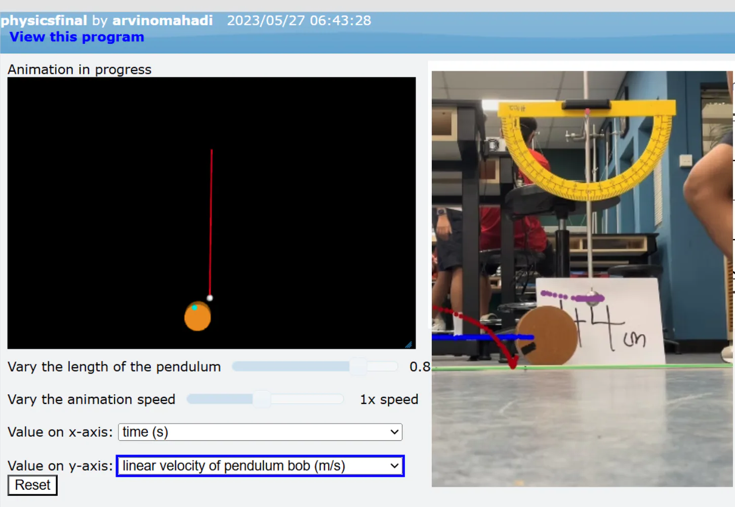 VPython pendulum simulation beside the physical pendulum-cylinder apparatus.