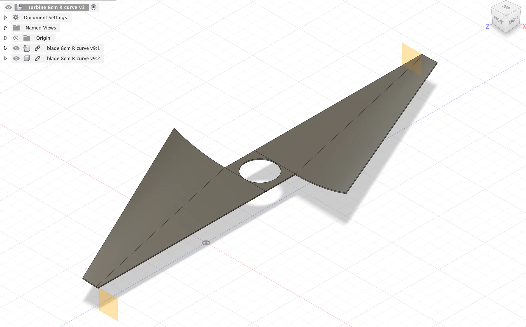 CAD rendering of a swept two-blade turbine.